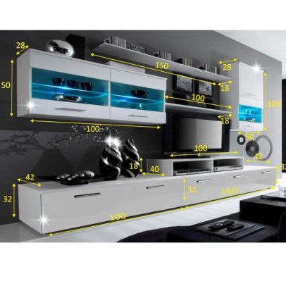 Obývacia stena, biela/biela extra vysoký lesk HG, LEO 2