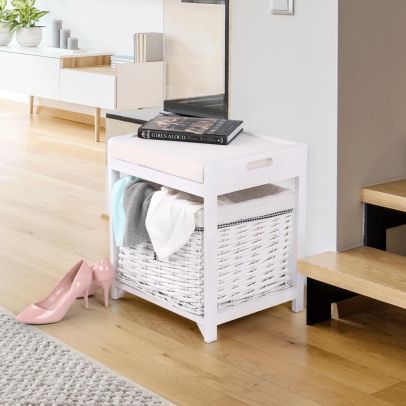 Lavica s prúteným košíkom a vankúšom na vrchu, starobiela, RUBY1 2