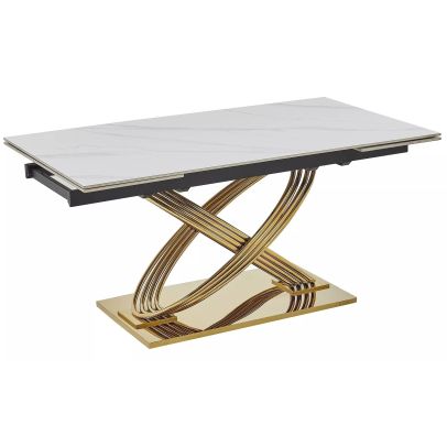 Jedálenský stôl rozkladací HERMES II, zlatá/biela keramika efekt mramoru 2