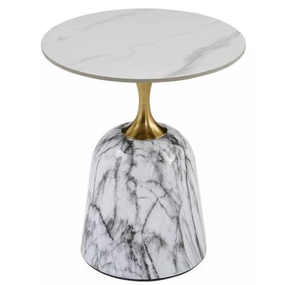 Konferenčný stolík okrúhly FAMA, biela+zlatá/biely lesk efekt mramor 2