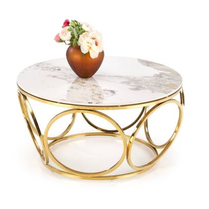 Konferenčný stolík okrúhly VENUS 2, zlatá/biely mramor