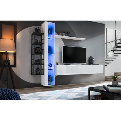 Obývačka SWITCH VII METAL, biely mat/biely lesk/čierna polica