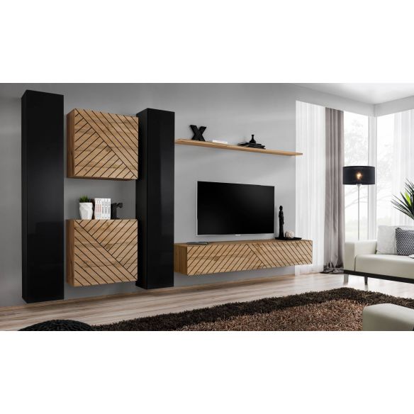 Obývačka SWITCH VI LAMEL, dub wotan/čierny lesk