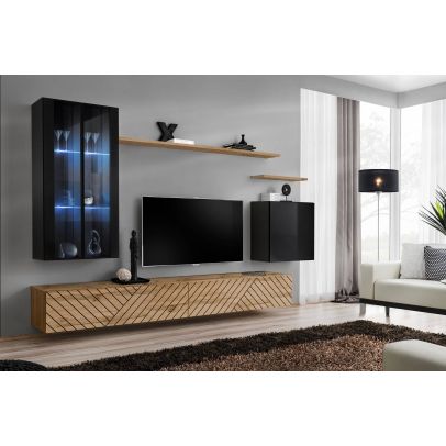 Obývačka SWITCH XII LAMEL, dub wotan/čierny lesk