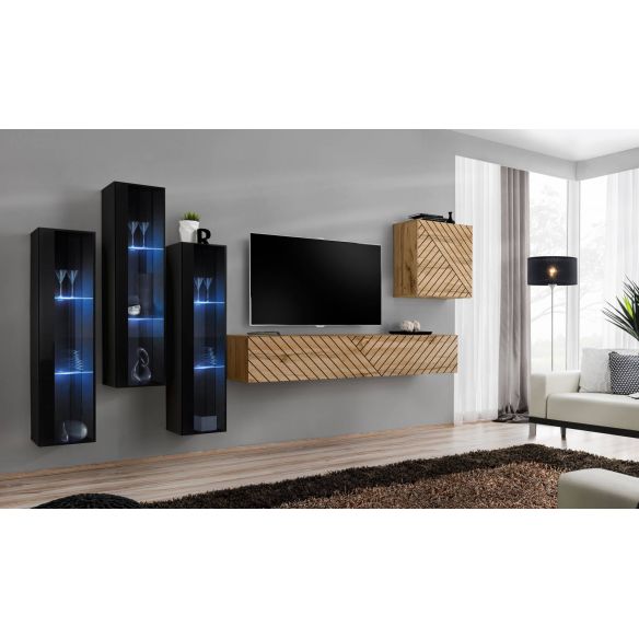 Obývačka SWITCH XIII LAMEL, dub wotan/čierny lesk