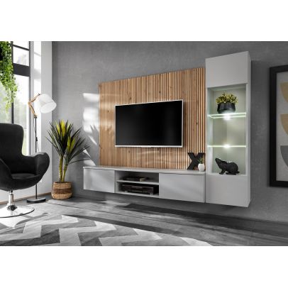 Obývačka XARI L, dub artisan/perla grey/čierny pás