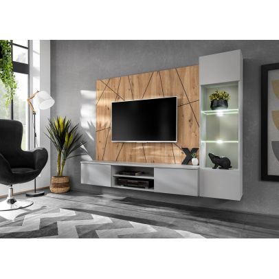 Obývačka XARI G, dub artisan/perla grey/čierny pás