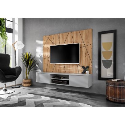 Obývačka XARI G2, dub artisan/perla grey/čierny pás