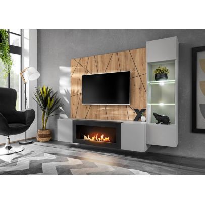 Obývačka XARI G-K, dub artisan/perla grey/čierny pás