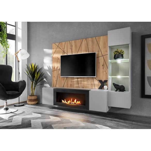 Obývačka XARI G-K, dub artisan/perla grey/čierny pás