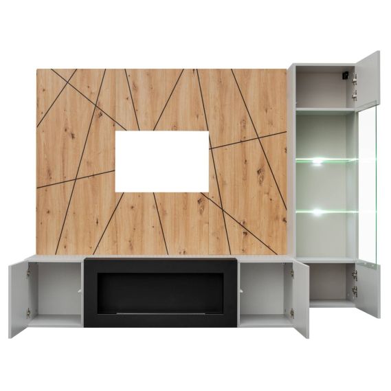 Obývačka XARI G-K, dub artisan/perla grey/čierny pás