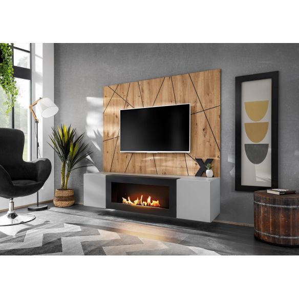 Obývačka XARI G2-K, dub artisan/perla grey/čierny pás